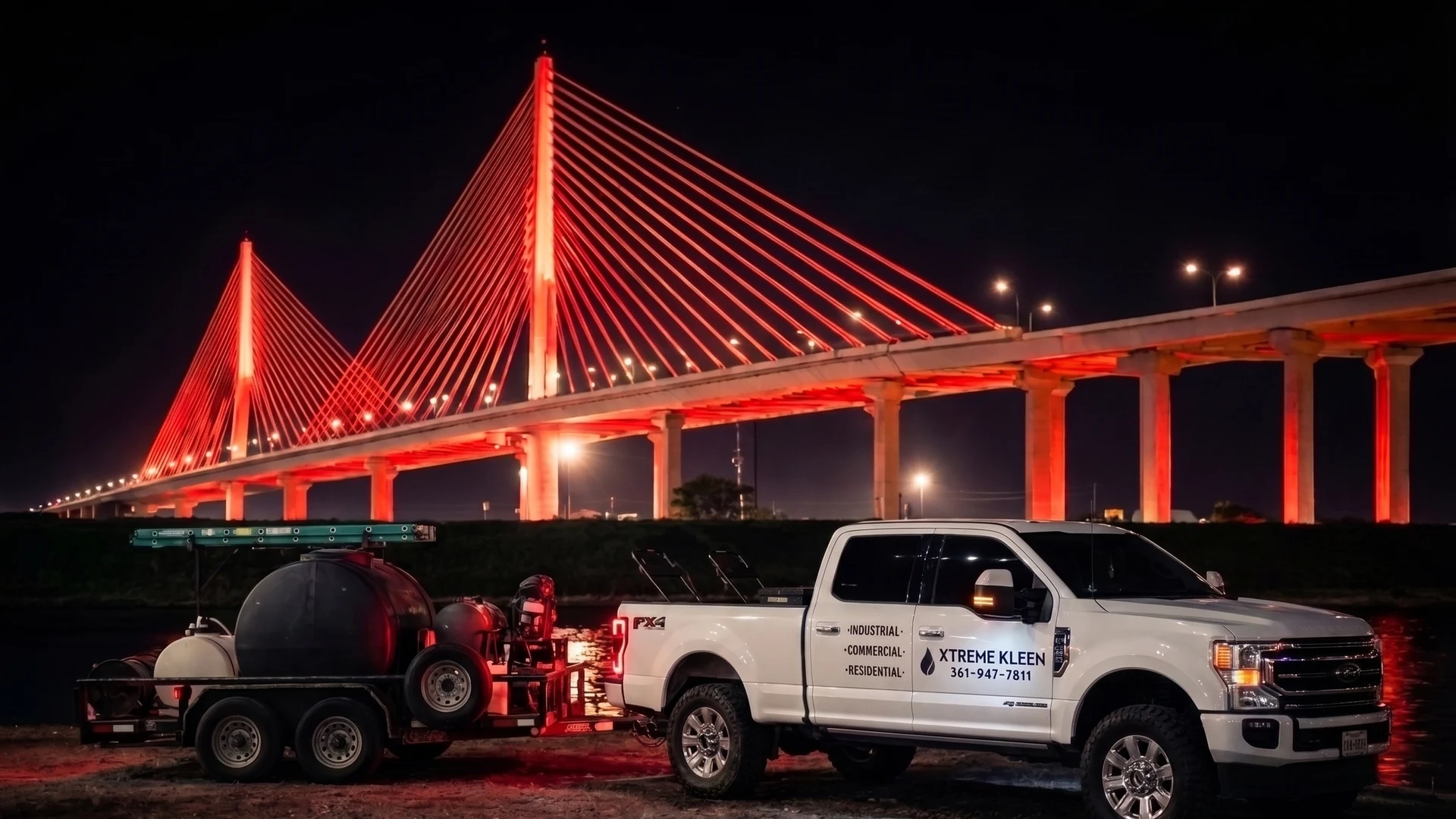 Xtreme Kleen truck and pressure-washing rig under the Corpus Christi Harbor Bridge at night